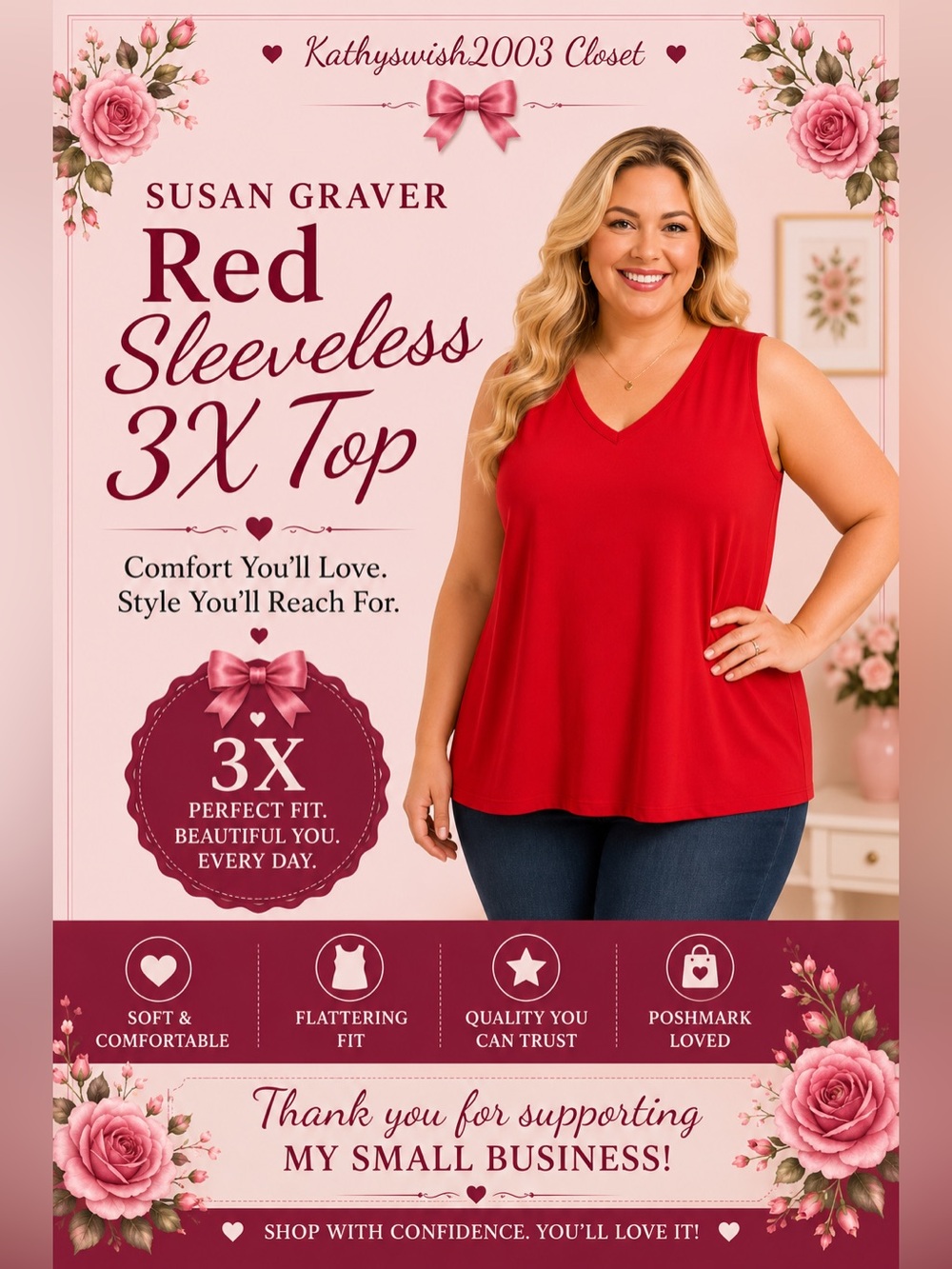 Susan Graver Red Sleeveless 3X Top Bust 29” Length 31”